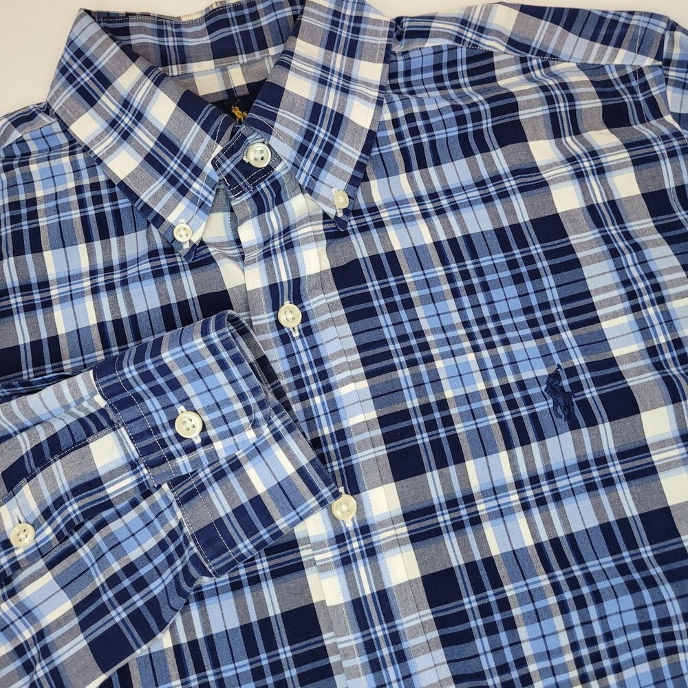 Ralph Lauren‎ Shirt Medium Blue Plaid Button Down Long Sleeve Classic Polo